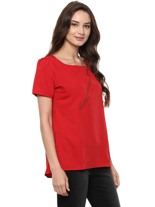 Pannkh Women's Red Top Detailed With Gathered Sleeves And Diagonal Zip