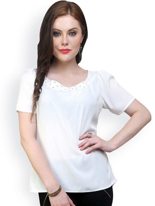 Pannkh Women's White Top Detailed With Gathered Sleeves And Front Knife Pleats