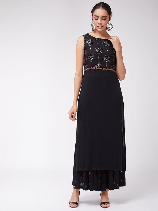 Sleeveless Foil Printed Kurta With Embroidered Sharara