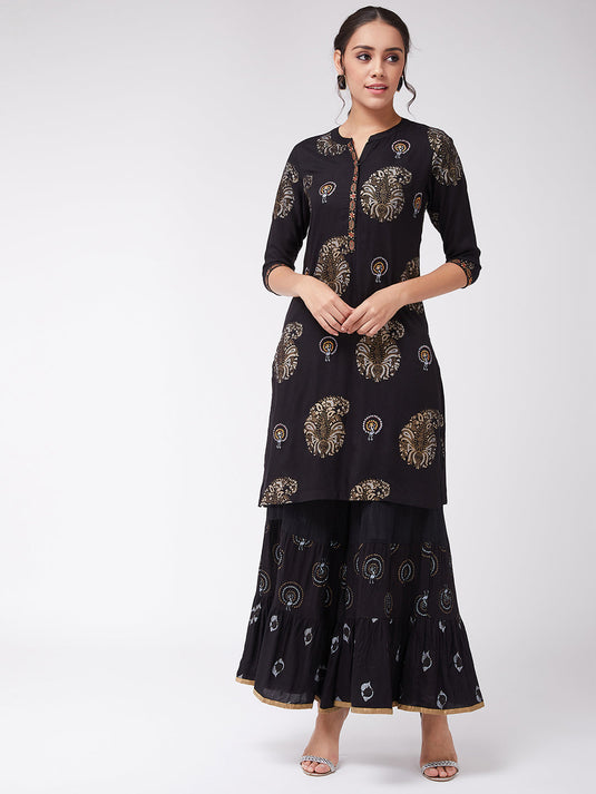 Straight Fit Foil Printed Kurta With Sharara