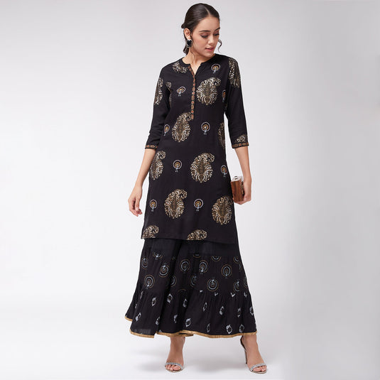 Straight Fit Foil Printed Kurta With Sharara