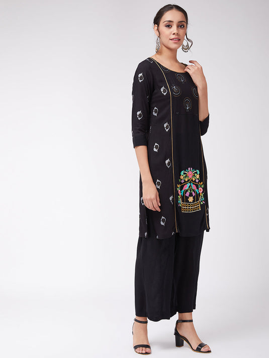 Straight Fit Quirky Embroidered Kurta With Pants