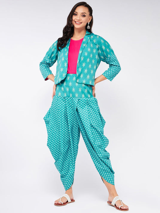 Jaipur Haat Leg 'O' Mutton Sleeves Jacket With Top And Dhoti Pant