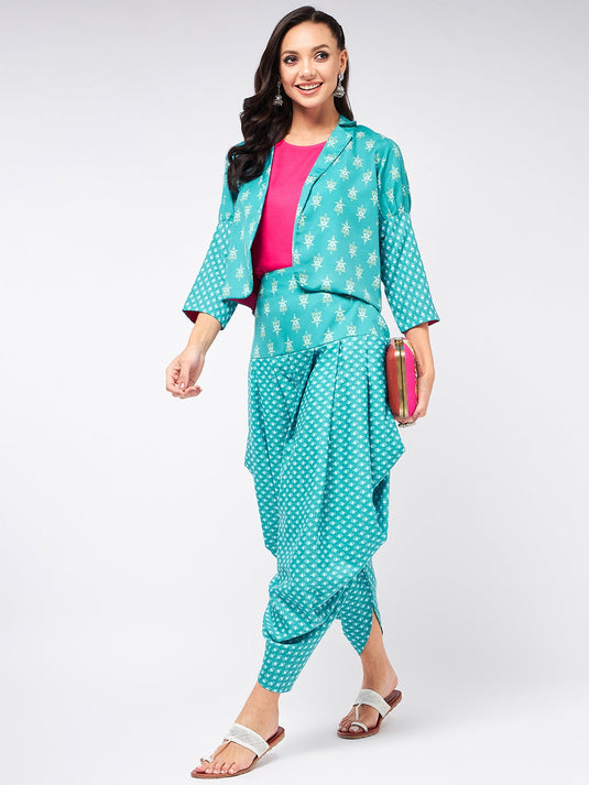 Jaipur Haat Leg 'O' Mutton Sleeves Jacket With Top And Dhoti Pant