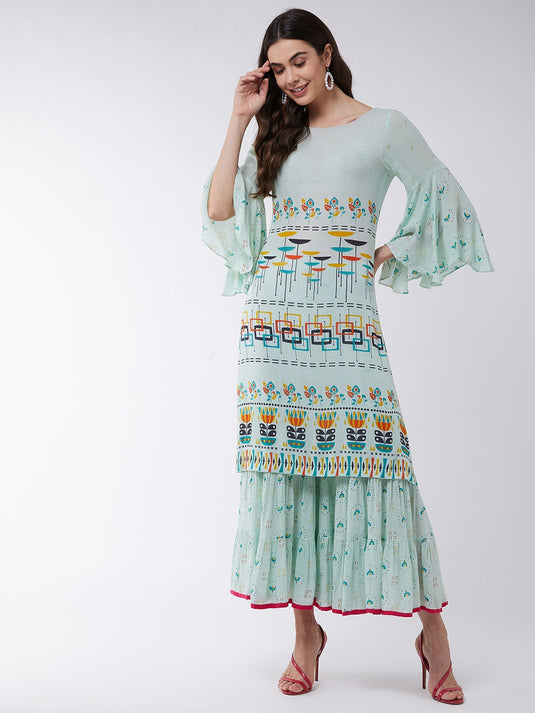 Pastel Printed Kurta With Sharara