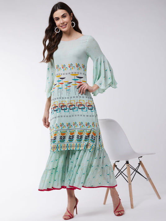 Pastel Printed Kurta With Sharara