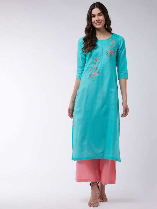 Blue Embroidered Kurta With Contrasting Pants