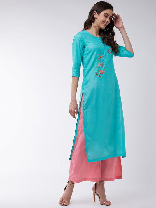 Blue Embroidered Kurta With Contrasting Pants