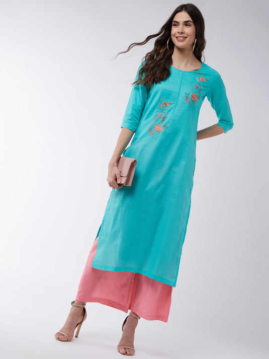 Blue Embroidered Kurta With Contrasting Pants