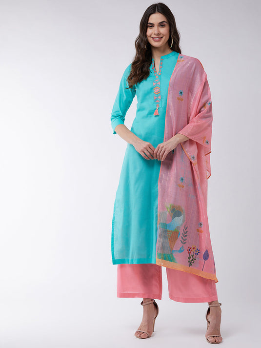 Blue Embroidered Kurta With Pants And Pink Digital Printed Dupatta