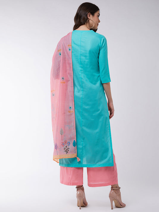 Blue Embroidered Kurta With Pants And Pink Digital Printed Dupatta