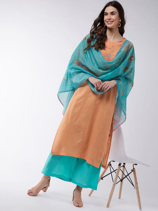 Orange Embroidered Kurta With Pants And Green Digital Printed Dupatta