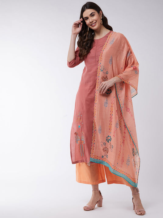 Dusty Pink Embroidered Kurta With Pants And Orange Digital Printed Dupatta