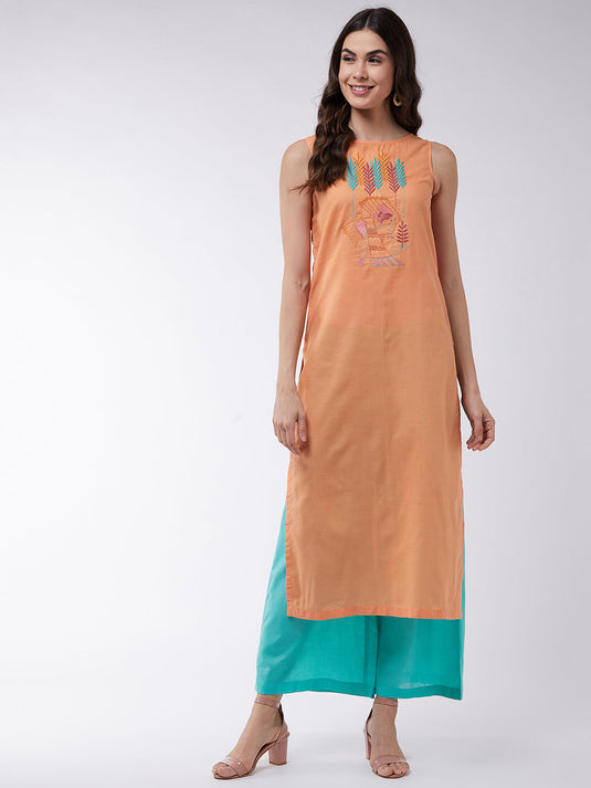 Orange Embroidered Sleeveless Kurta With Pants