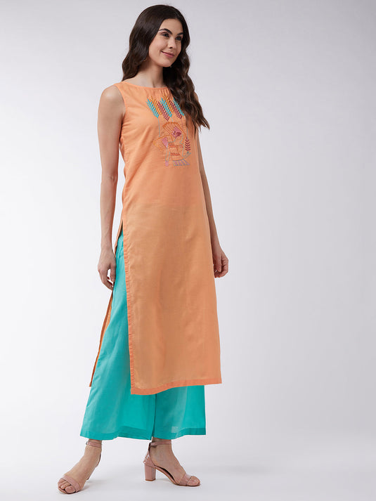 Orange Embroidered Sleeveless Kurta With Pants