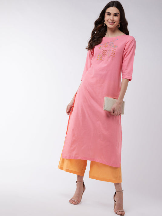 Pink Embroidered Quarter Sleeves Kurta With Pants