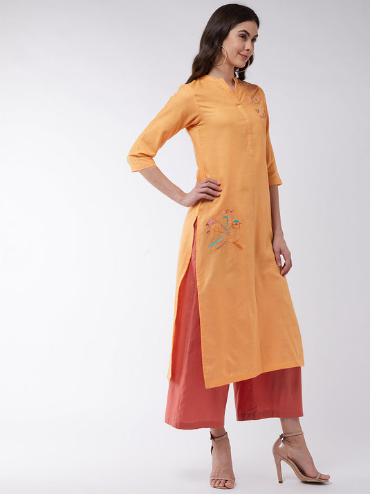 Orange Embroidered Quarter Sleeves Kurta With Pants