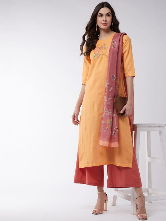 Light Orange Embroidered Quarter Sleeves Kurta With Pants And Digital Printed Dupatta