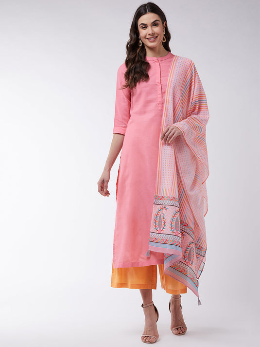 Pink Embroidered Kurta With Pants And Digital Printed Dupatta