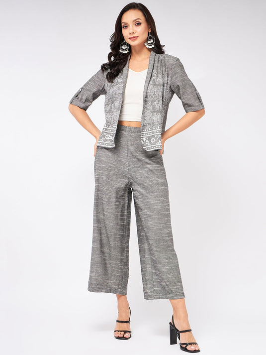 Chambray Printed Blazer With Matching Pant Set