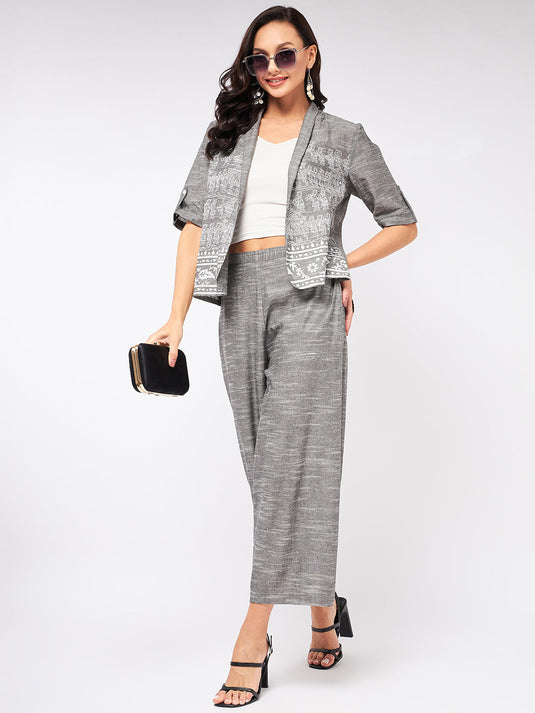 Chambray Printed Blazer With Matching Pant Set