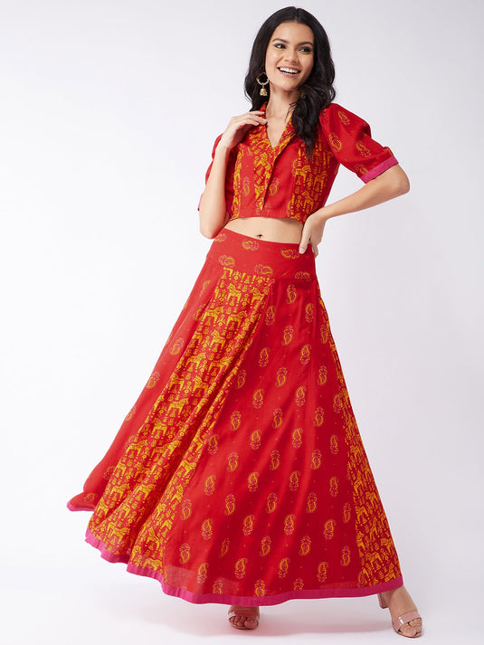 Digital Printed Sindoor Collared Top With Flared Skirt