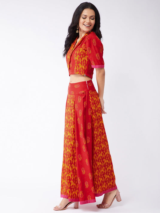 Digital Printed Sindoor Collared Top With Flared Skirt