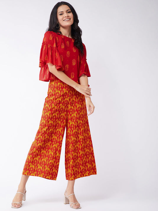 Sindoor Digital Printed Top With Extended Flared Sleeves And Printed Pants