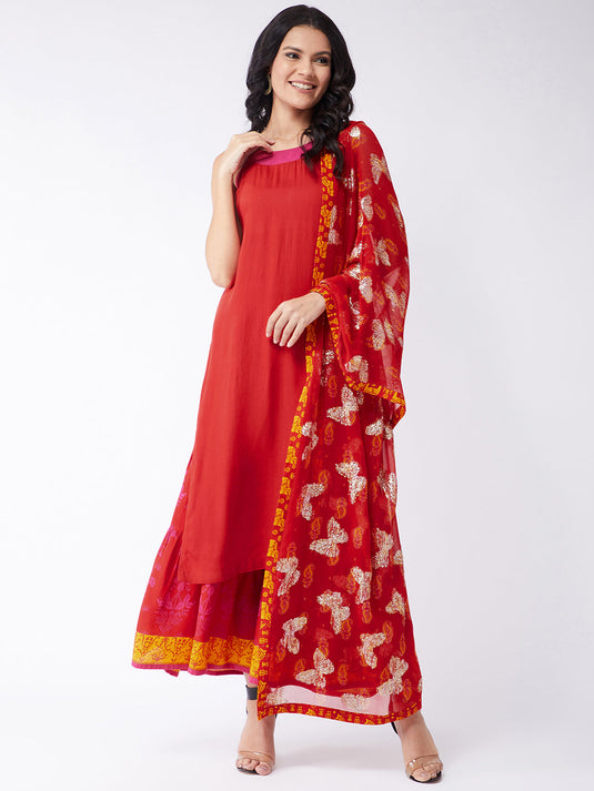 Sindoor Solid Kurta With Lurex Embellished Dupatta And Sharara