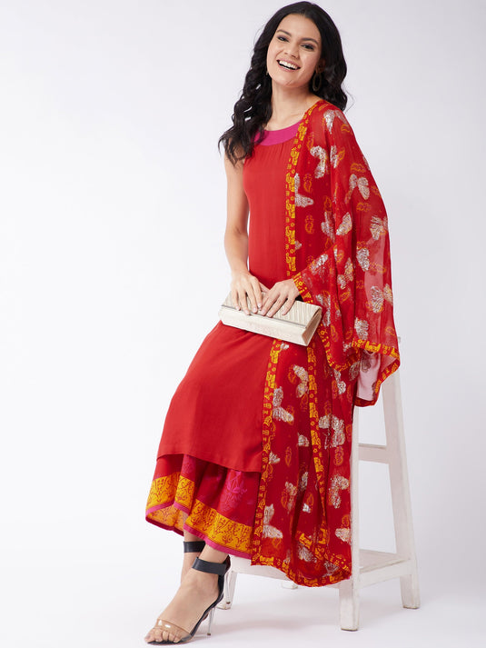 Sindoor Solid Kurta With Lurex Embellished Dupatta And Sharara