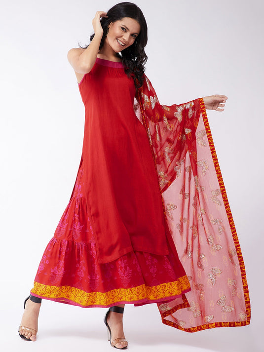 Sindoor Solid Kurta With Lurex Embellished Dupatta And Sharara