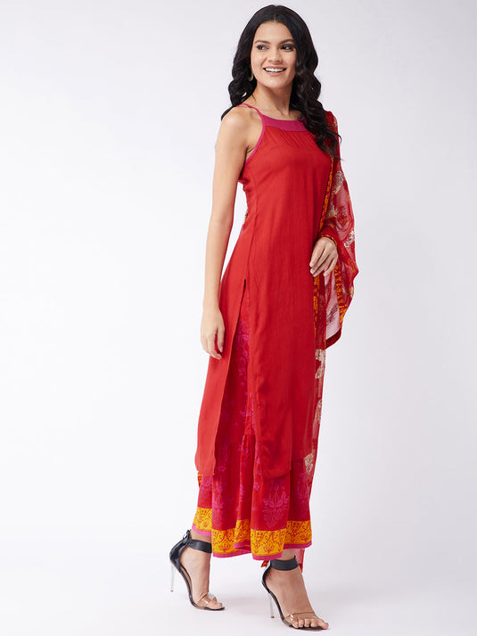 Sindoor Solid Kurta With Lurex Embellished Dupatta And Sharara