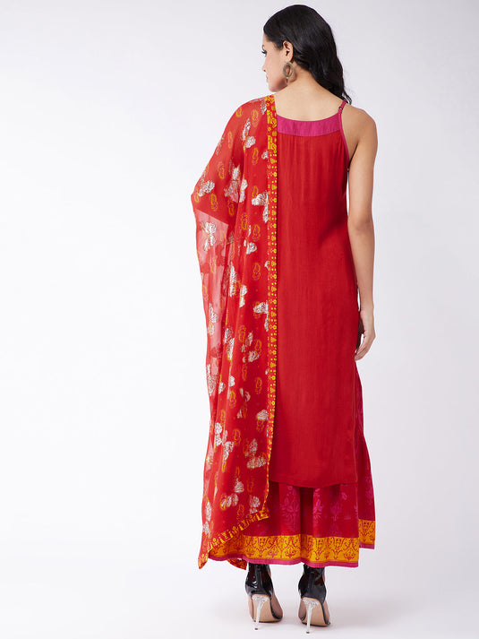 Sindoor Solid Kurta With Lurex Embellished Dupatta And Sharara