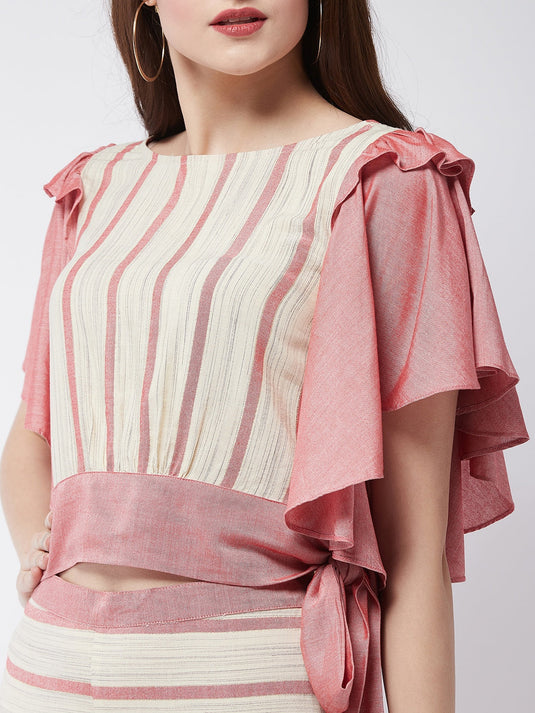 Soaked In Pastels Stripes Ruffle Top With Pants