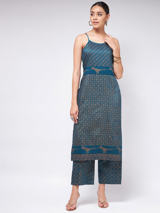 Shringaar Blue Sleeveless Block Printed Kurta With Matching Pant