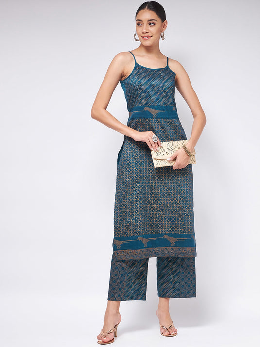 Shringaar Blue Sleeveless Block Printed Kurta With Matching Pant