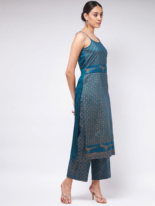 Shringaar Blue Sleeveless Block Printed Kurta With Matching Pant