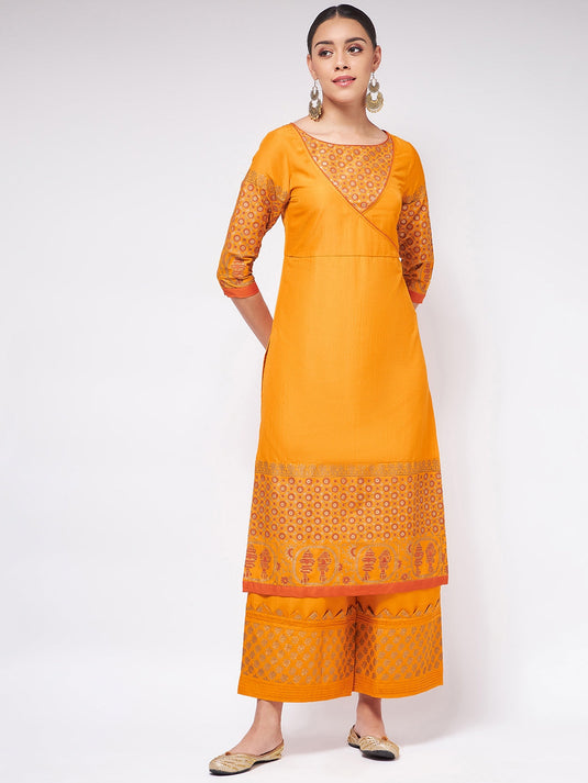 Shringaar Orange Angarkha Style Block Printed Festive Kurta With Stylish Palazzo