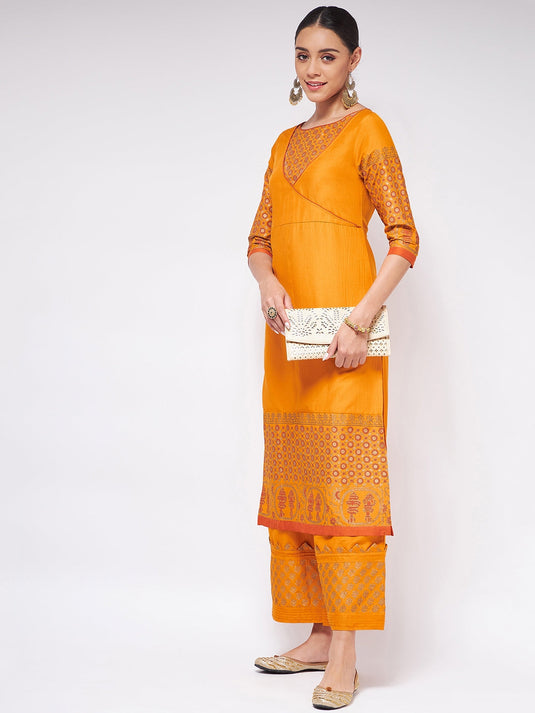 Shringaar Orange Angarkha Style Block Printed Festive Kurta With Stylish Palazzo