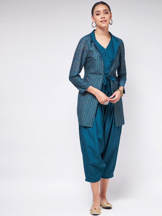 Shringaar Blue Festive Top And Dhoti Pant With Block Printed Jacket Set