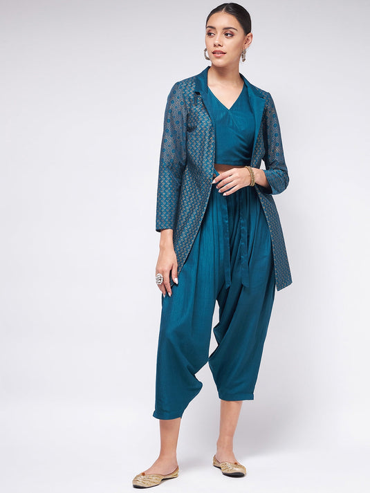 Shringaar Blue Festive Top And Dhoti Pant With Block Printed Jacket Set