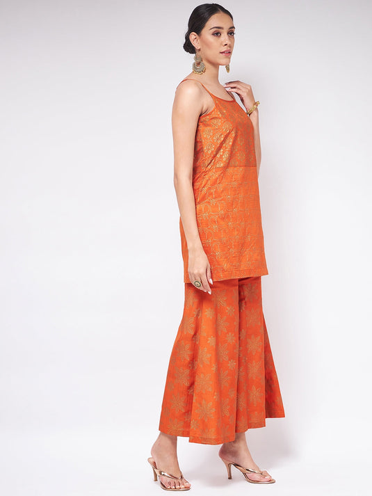 Shringaar Orange  Festive Block Printed Strapy Kurta With Sharara