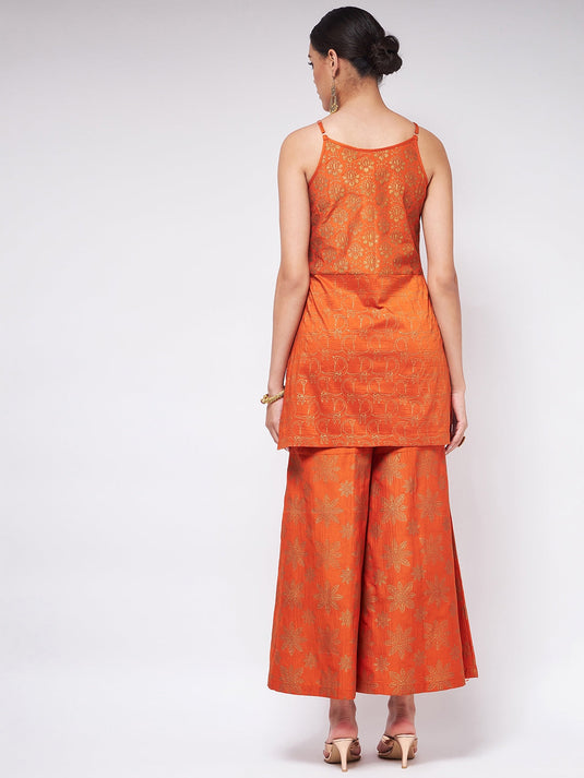 Shringaar Orange  Festive Block Printed Strapy Kurta With Sharara