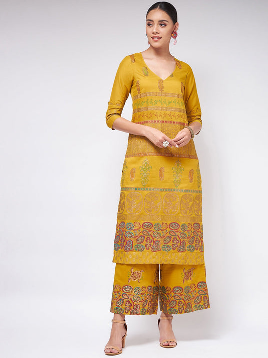 Shringaar Mustard V-Neck Block Printed Festive Kurta With Palazzo