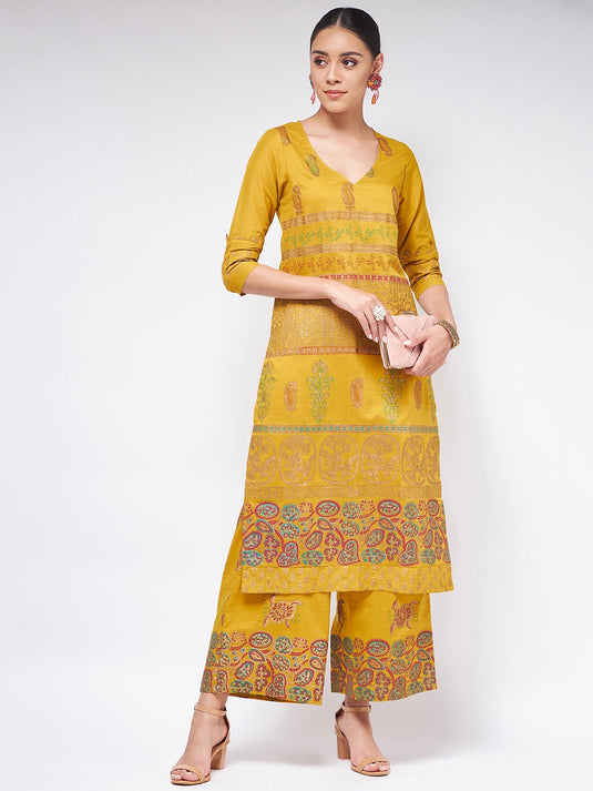 Shringaar Mustard V-Neck Block Printed Festive Kurta With Palazzo