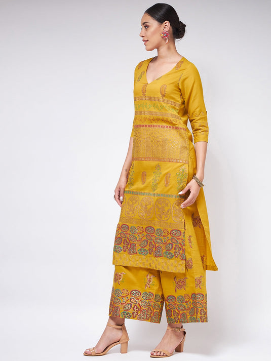 Shringaar Mustard V-Neck Block Printed Festive Kurta With Palazzo