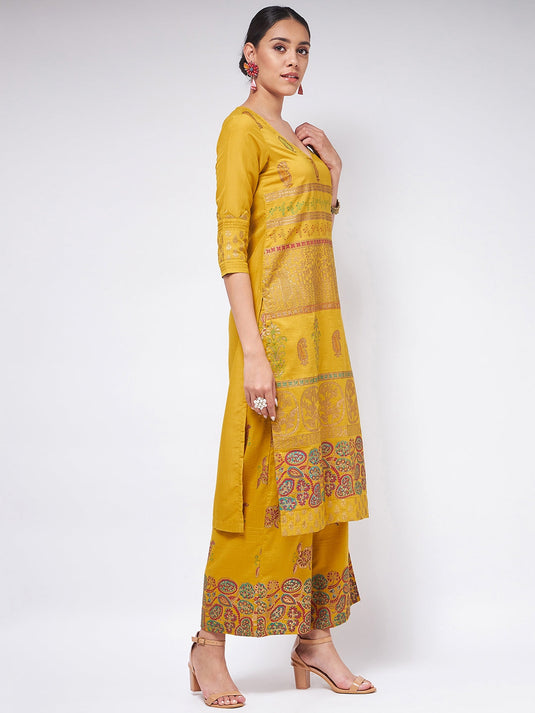 Shringaar Mustard V-Neck Block Printed Festive Kurta With Palazzo