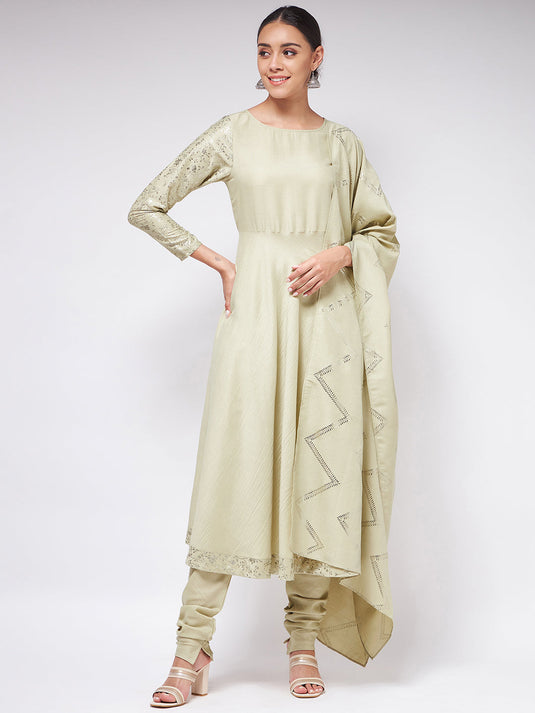 Pista Festive Flared Kurta With Matching Chudidaar And Foil Printed Dupatta Set