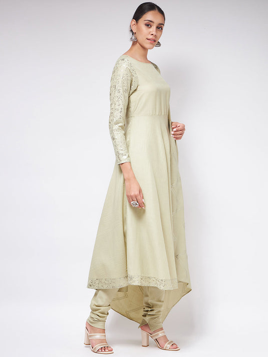 Pista Festive Flared Kurta With Matching Chudidaar And Foil Printed Dupatta Set