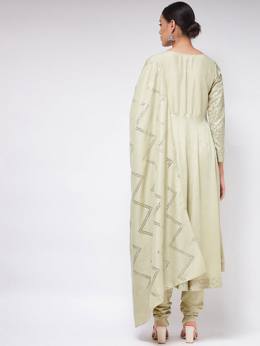 Pista Festive Flared Kurta With Matching Chudidaar And Foil Printed Dupatta Set